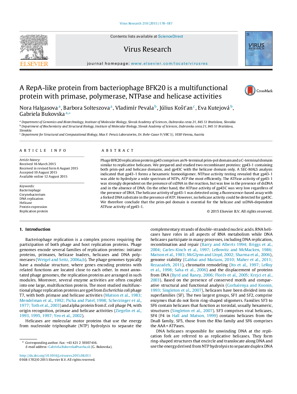 A RepA-like protein from bacteriophage BFK20 is a multifunctional protein with primase, polymerase, NTPase and helicase activities