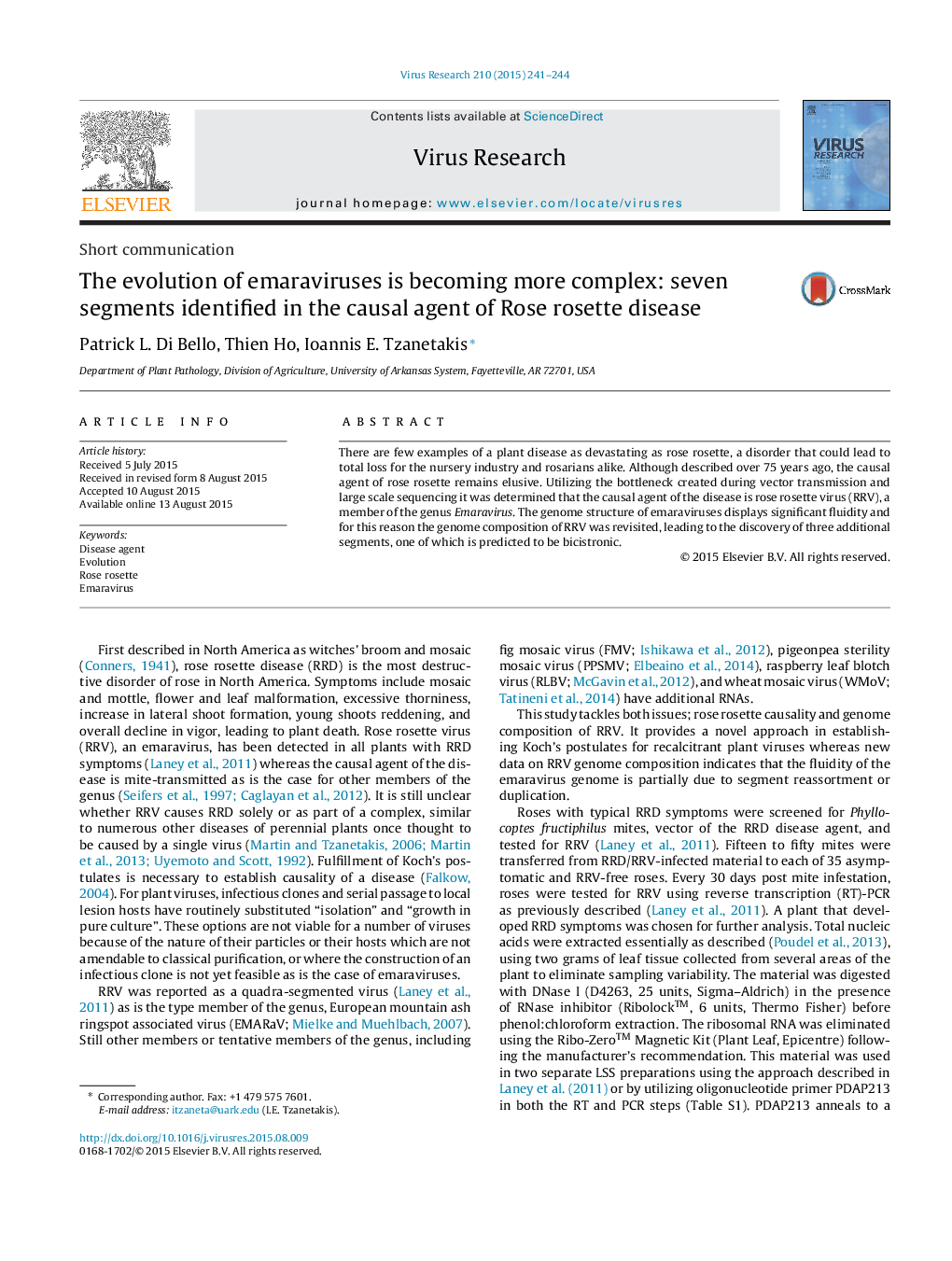 The evolution of emaraviruses is becoming more complex: seven segments identified in the causal agent of Rose rosette disease