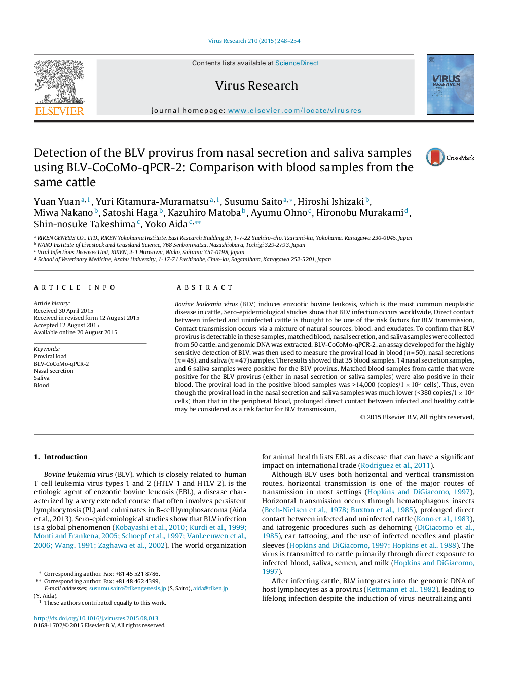 Detection of the BLV provirus from nasal secretion and saliva samples using BLV-CoCoMo-qPCR-2: Comparison with blood samples from the same cattle