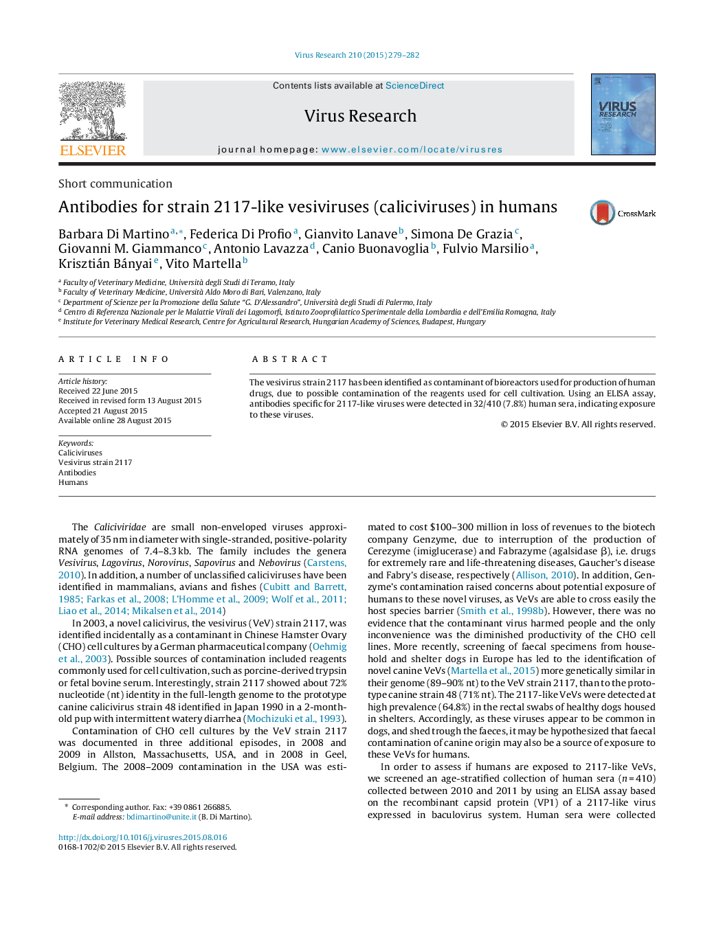 Antibodies for strain 2117-like vesiviruses (caliciviruses) in humans