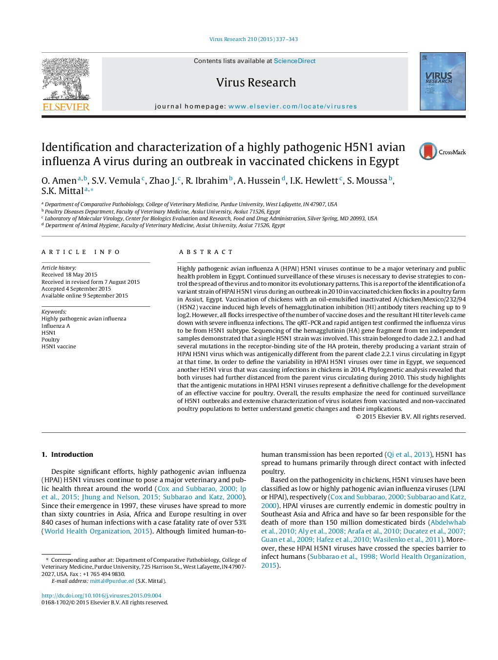 Identification and characterization of a highly pathogenic H5N1 avian influenza A virus during an outbreak in vaccinated chickens in Egypt