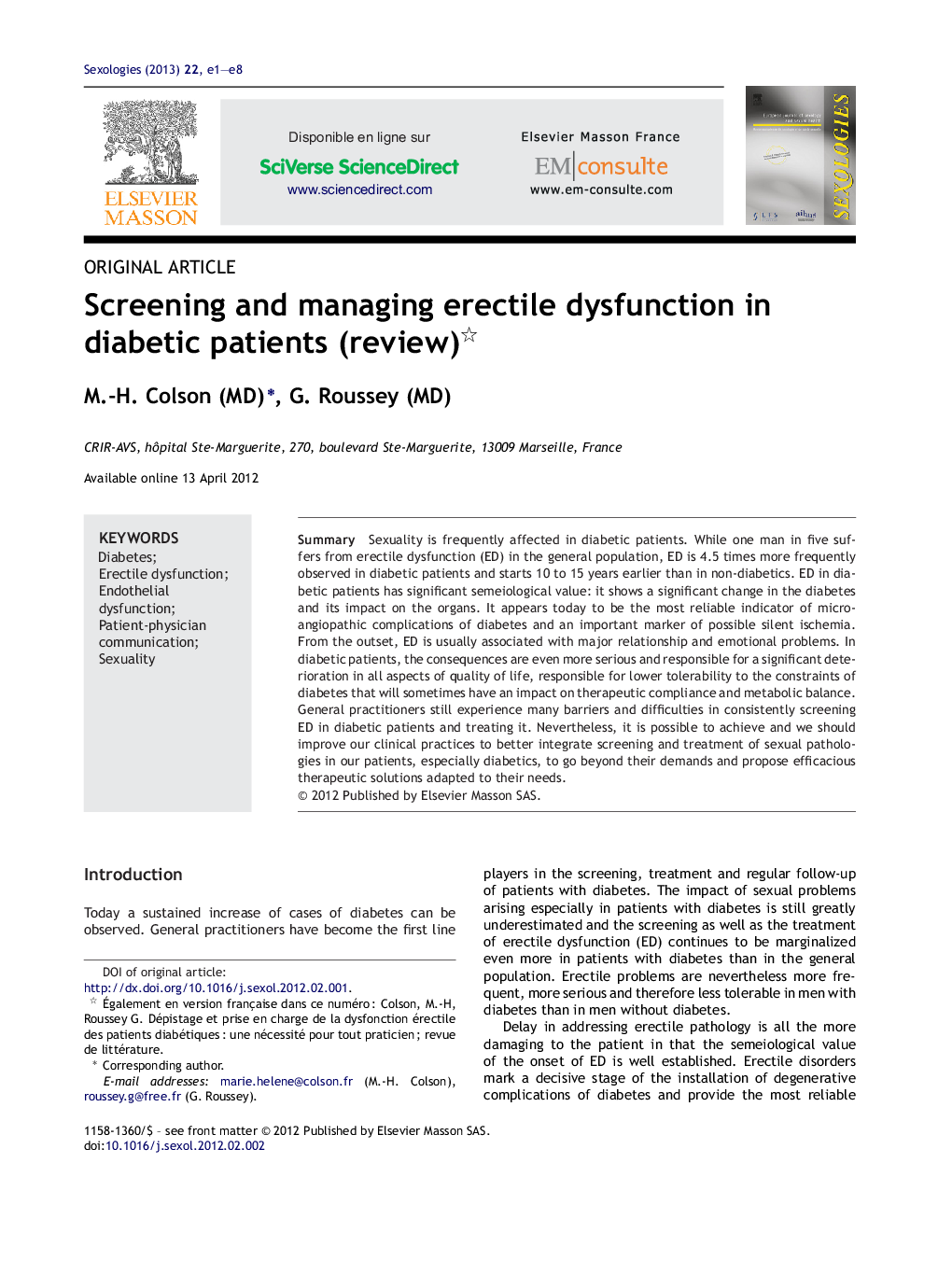 Screening and managing erectile dysfunction in diabetic patients (review) 