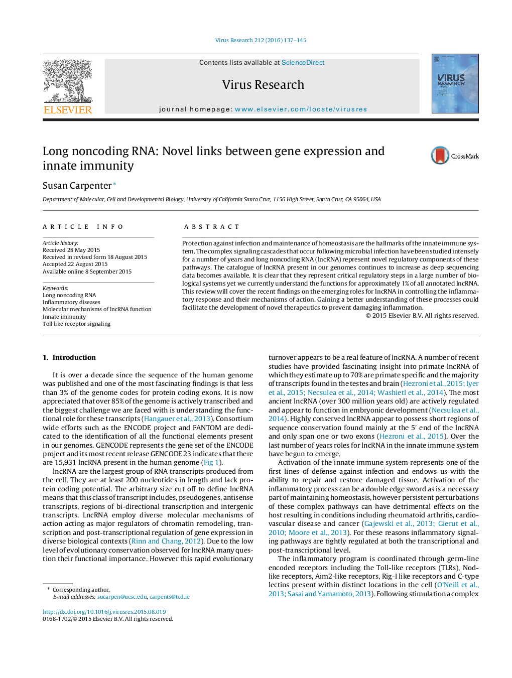 Long noncoding RNA: Novel links between gene expression and innate immunity