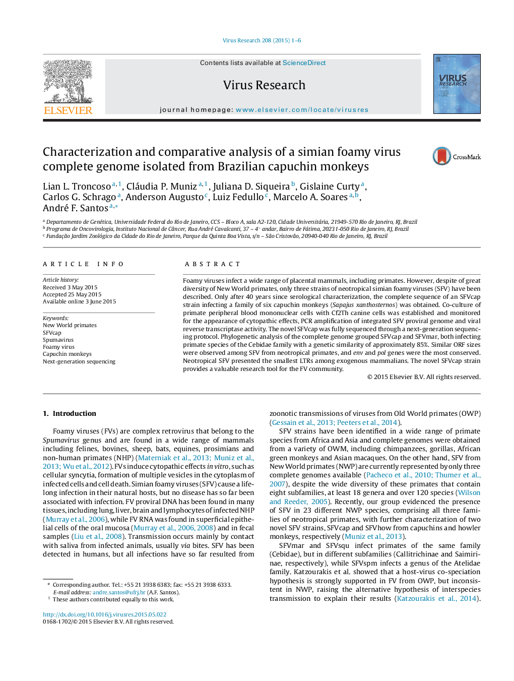 Characterization and comparative analysis of a simian foamy virus complete genome isolated from Brazilian capuchin monkeys