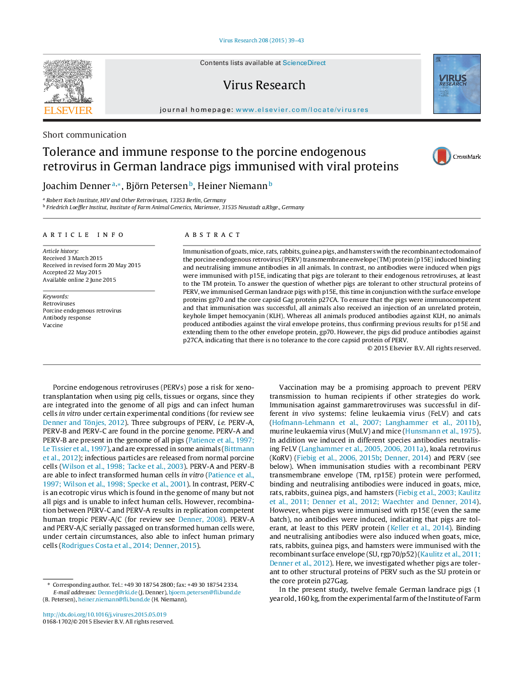 Tolerance and immune response to the porcine endogenous retrovirus in German landrace pigs immunised with viral proteins