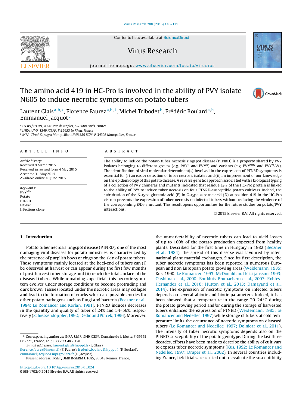 The amino acid 419 in HC-Pro is involved in the ability of PVY isolate N605 to induce necrotic symptoms on potato tubers