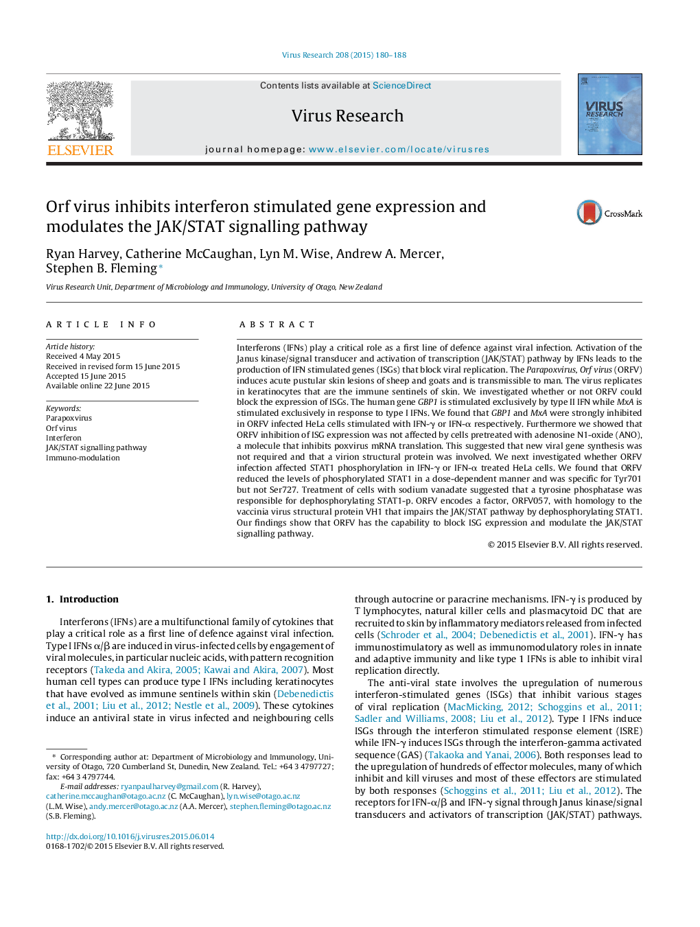 Orf virus inhibits interferon stimulated gene expression and modulates the JAK/STAT signalling pathway