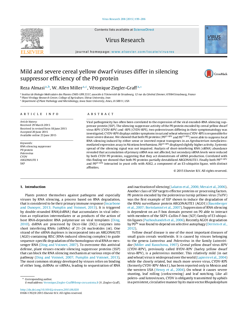 Mild and severe cereal yellow dwarf viruses differ in silencing suppressor efficiency of the P0 protein