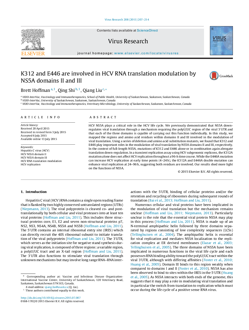 K312 and E446 are involved in HCV RNA translation modulation by NS5A domains II and III