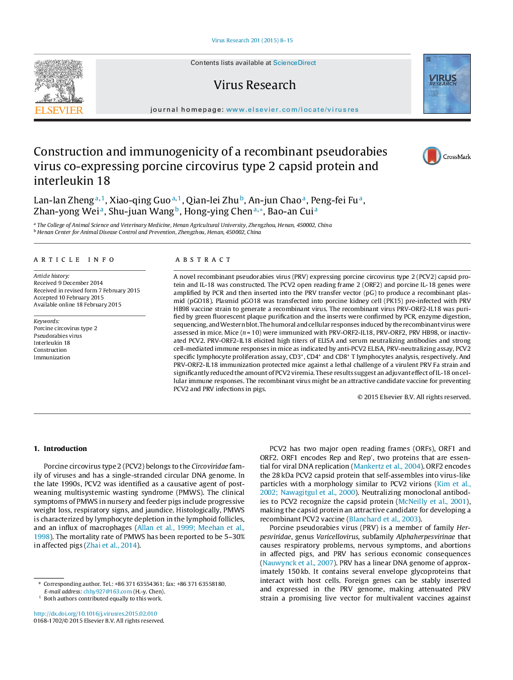 Construction and immunogenicity of a recombinant pseudorabies virus co-expressing porcine circovirus type 2 capsid protein and interleukin 18