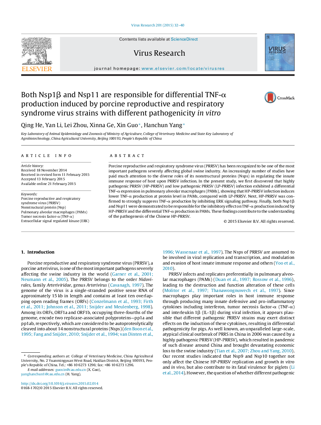 Both Nsp1β and Nsp11 are responsible for differential TNF-α production induced by porcine reproductive and respiratory syndrome virus strains with different pathogenicity in vitro