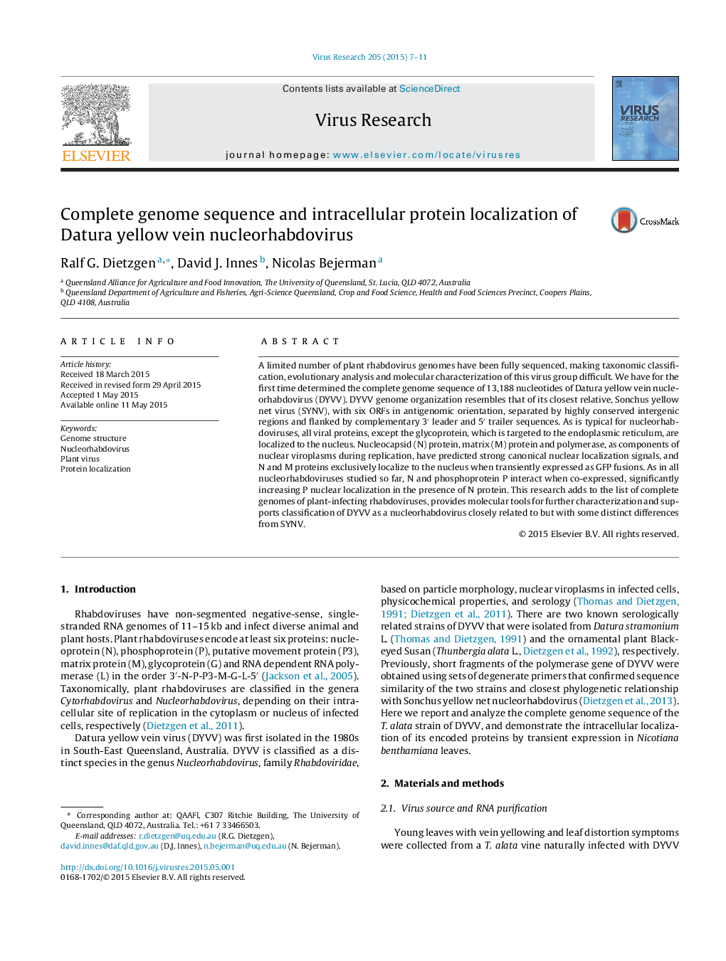 Complete genome sequence and intracellular protein localization of Datura yellow vein nucleorhabdovirus