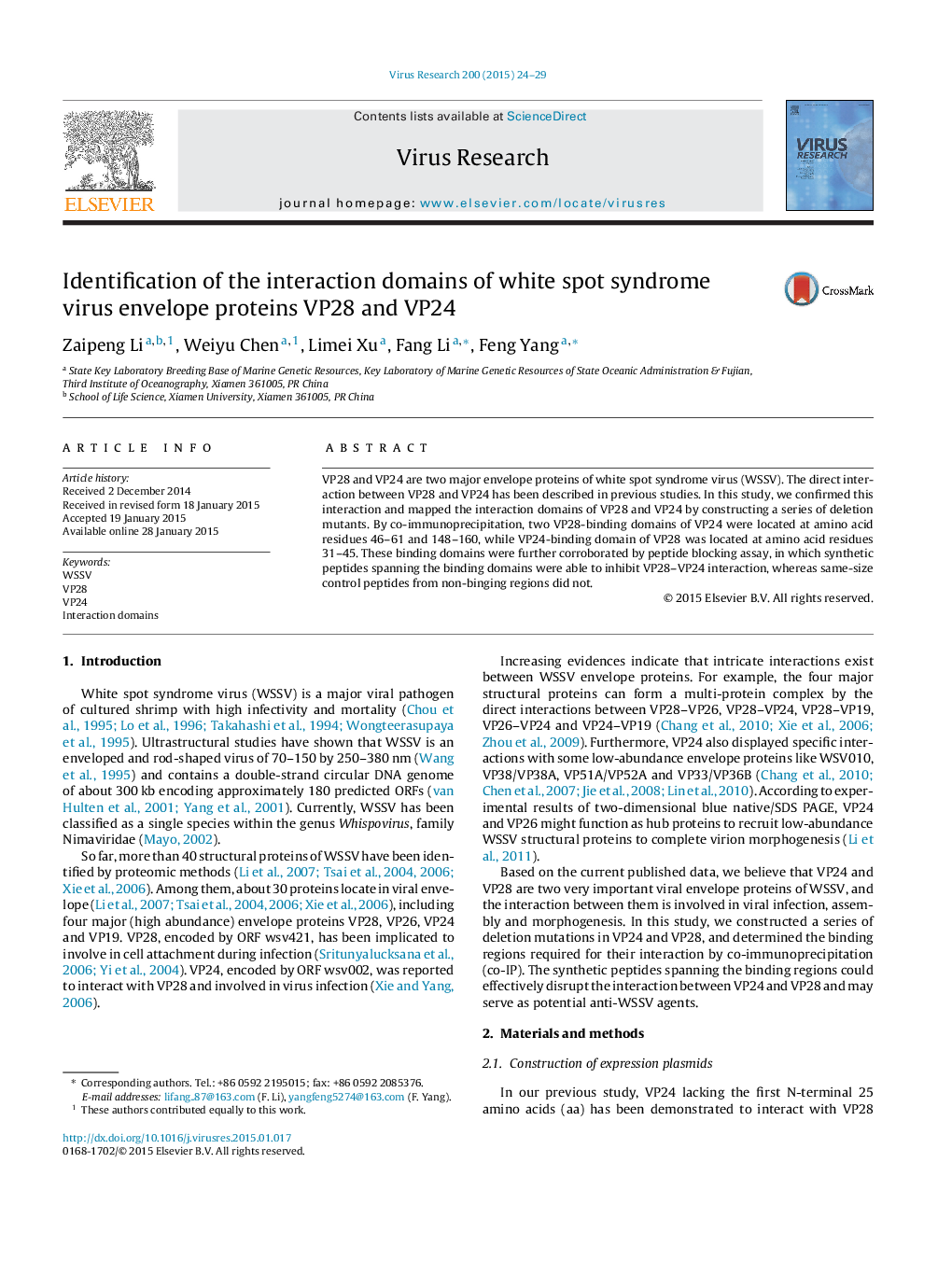 Identification of the interaction domains of white spot syndrome virus envelope proteins VP28 and VP24