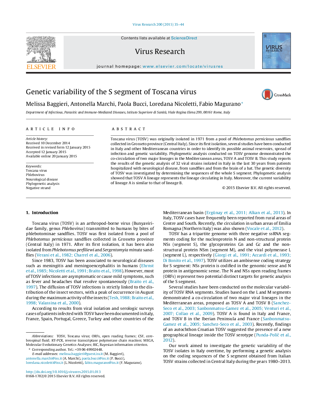 Genetic variability of the S segment of Toscana virus