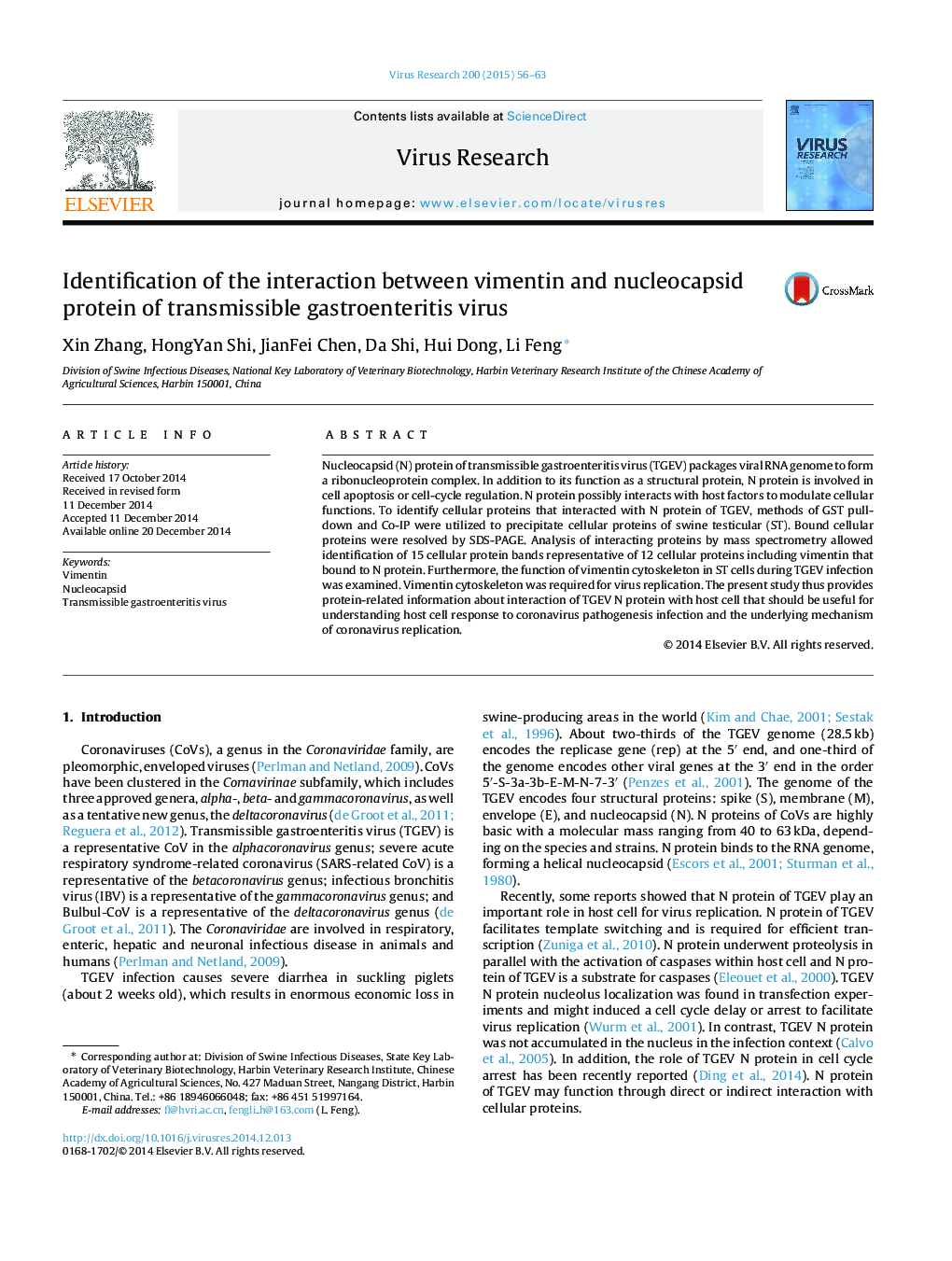 Identification of the interaction between vimentin and nucleocapsid protein of transmissible gastroenteritis virus