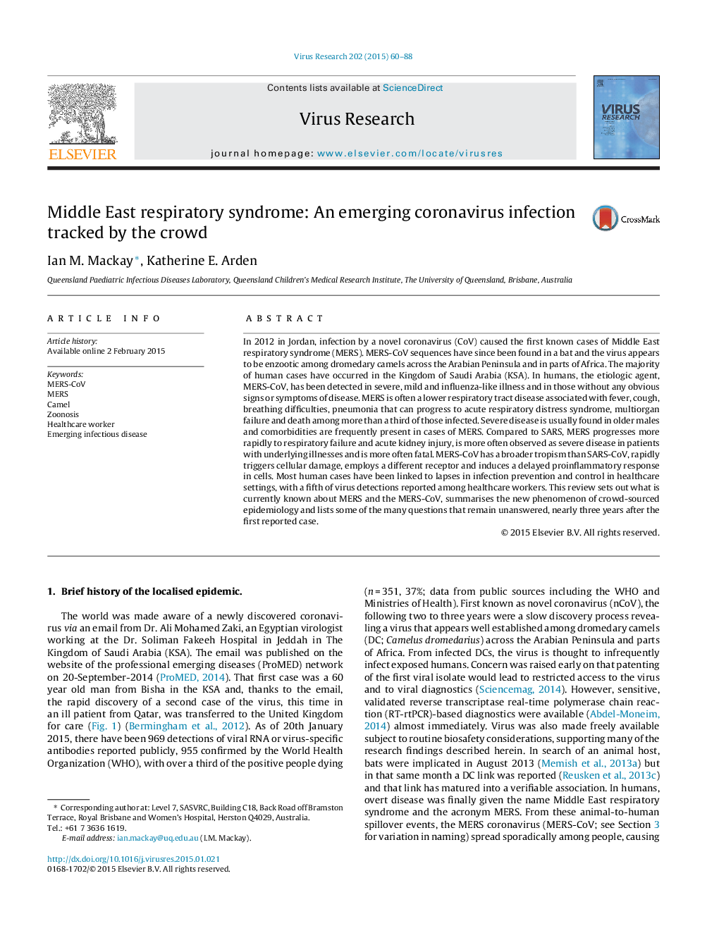 Middle East respiratory syndrome: An emerging coronavirus infection tracked by the crowd