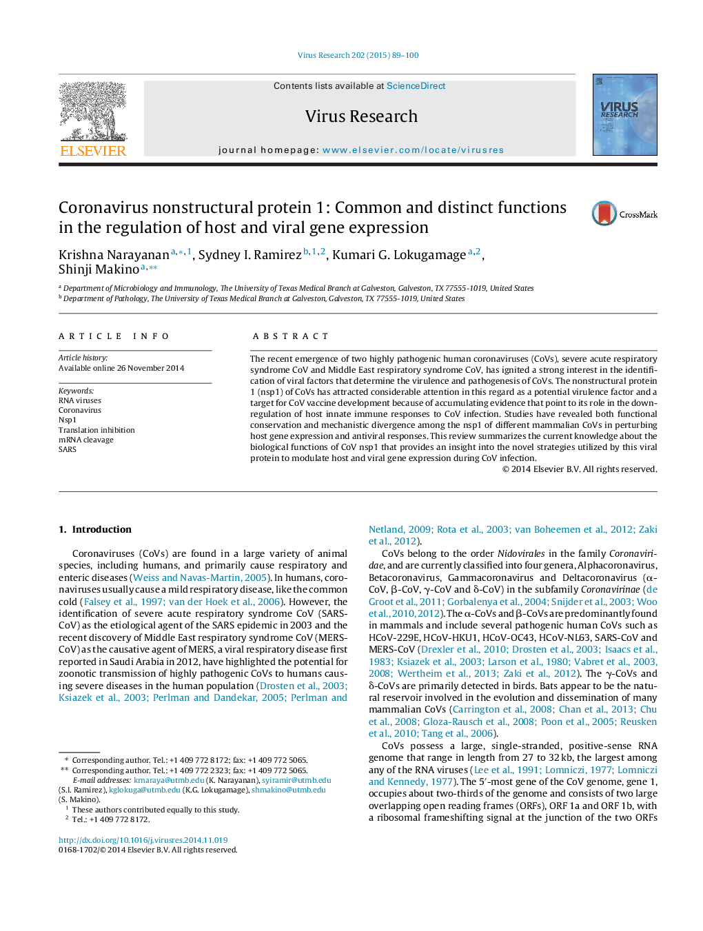 Coronavirus nonstructural protein 1: Common and distinct functions in the regulation of host and viral gene expression