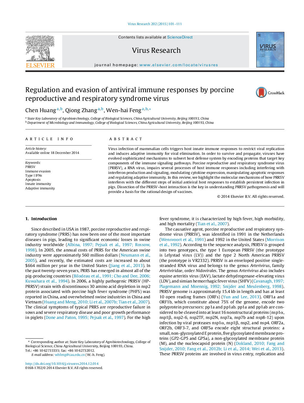 Regulation and evasion of antiviral immune responses by porcine reproductive and respiratory syndrome virus