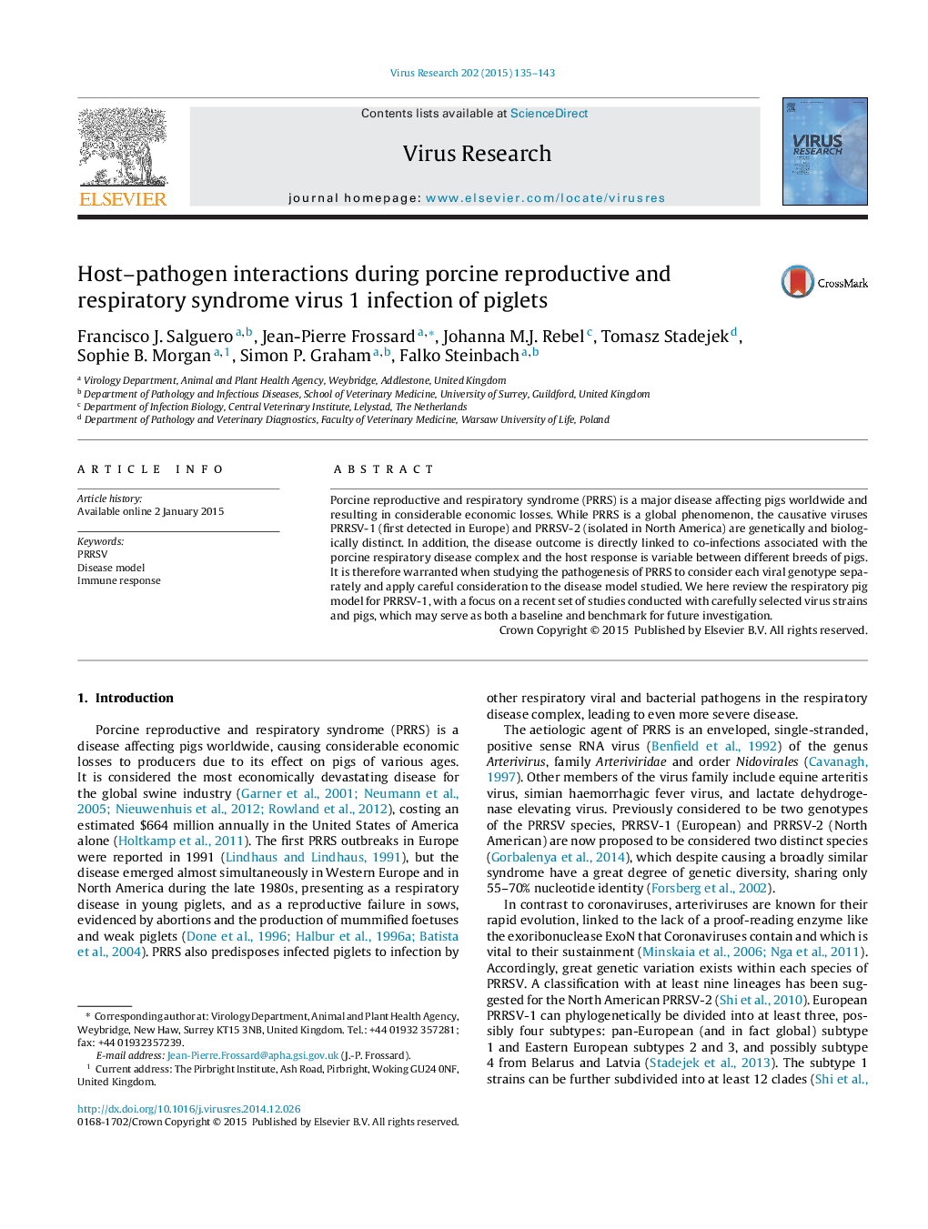 Host–pathogen interactions during porcine reproductive and respiratory syndrome virus 1 infection of piglets