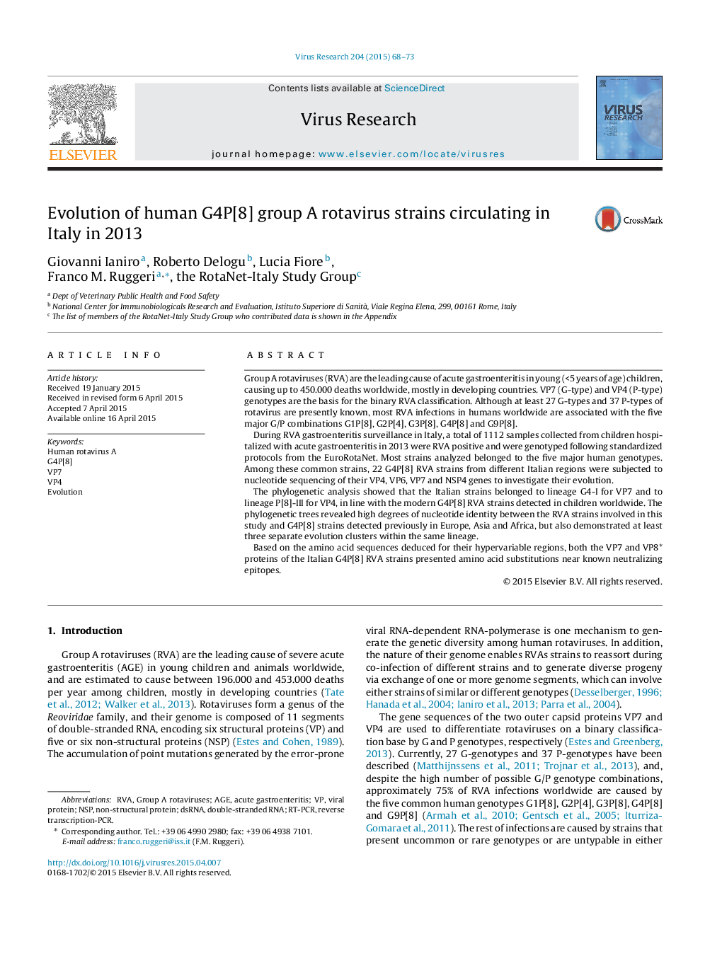 Evolution of human G4P[8] group A rotavirus strains circulating in Italy in 2013