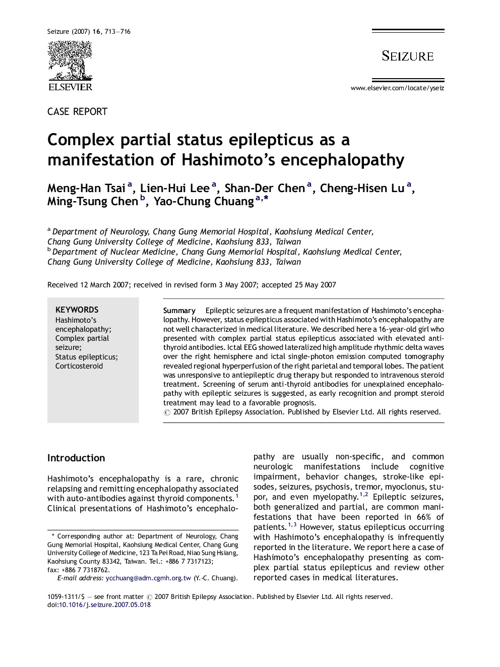 Complex partial status epilepticus as a manifestation of Hashimoto's encephalopathy