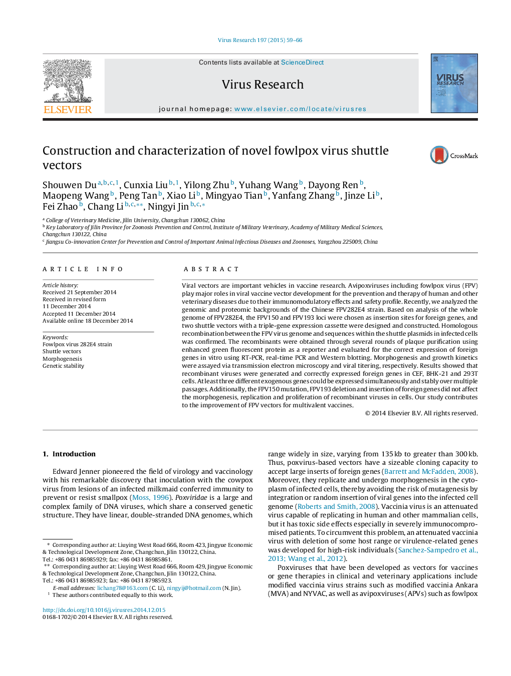 Construction and characterization of novel fowlpox virus shuttle vectors