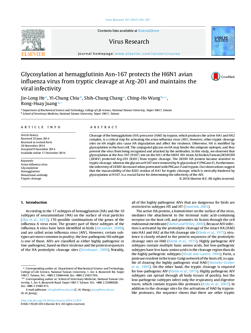 Glycosylation at hemagglutinin Asn-167 protects the H6N1 avian influenza virus from tryptic cleavage at Arg-201 and maintains the viral infectivity