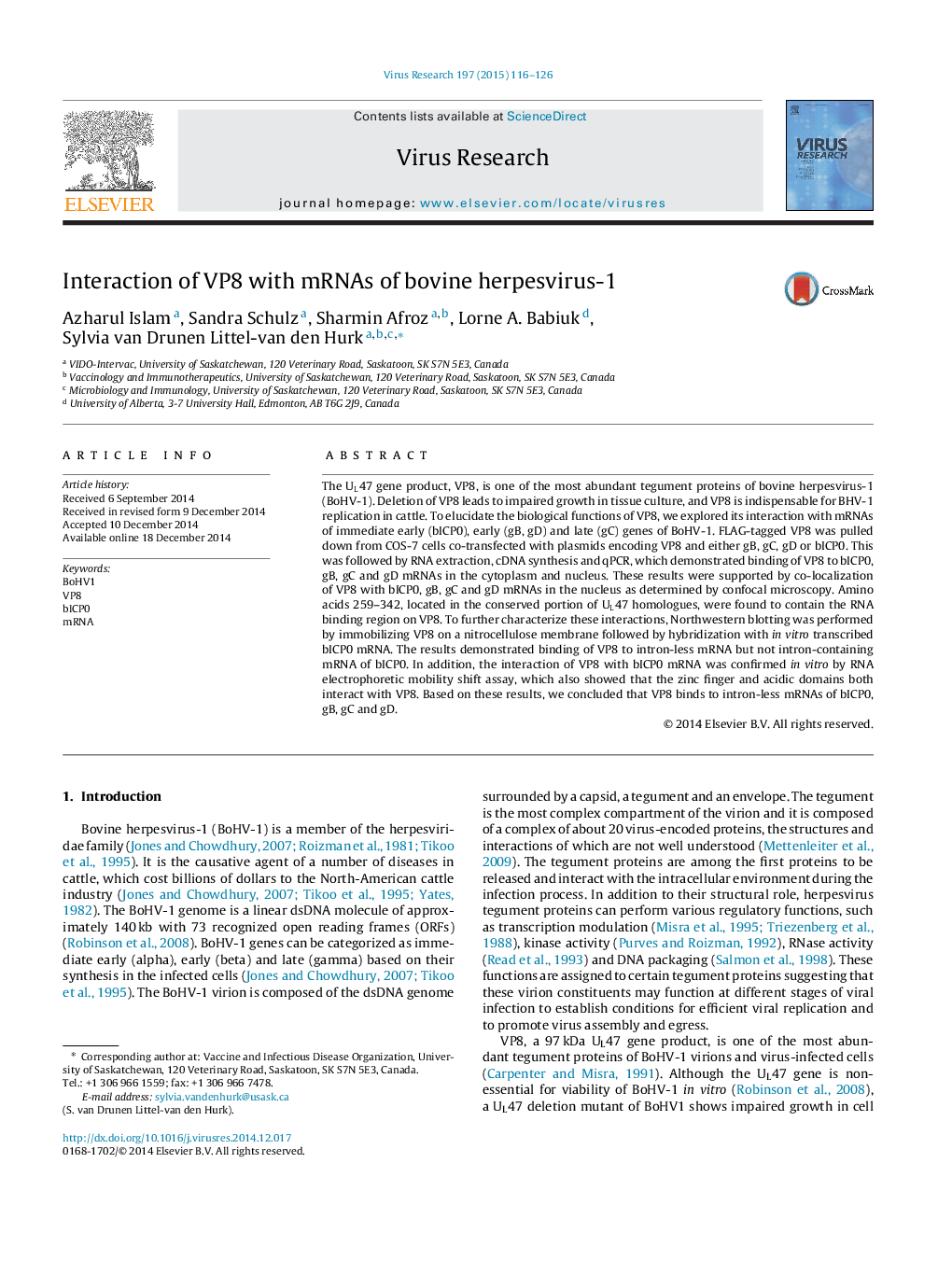 Interaction of VP8 with mRNAs of bovine herpesvirus-1