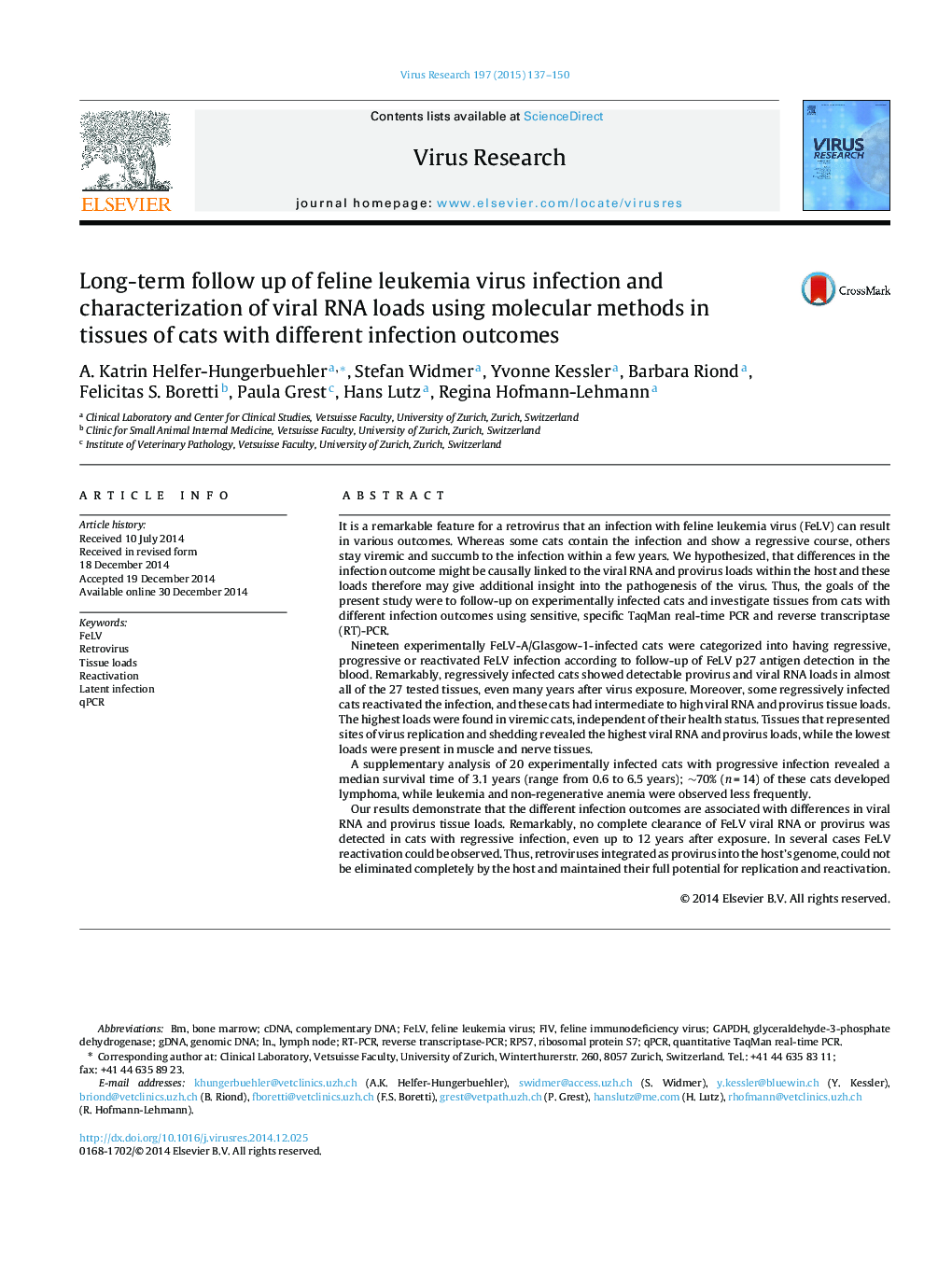 Long-term follow up of feline leukemia virus infection and characterization of viral RNA loads using molecular methods in tissues of cats with different infection outcomes