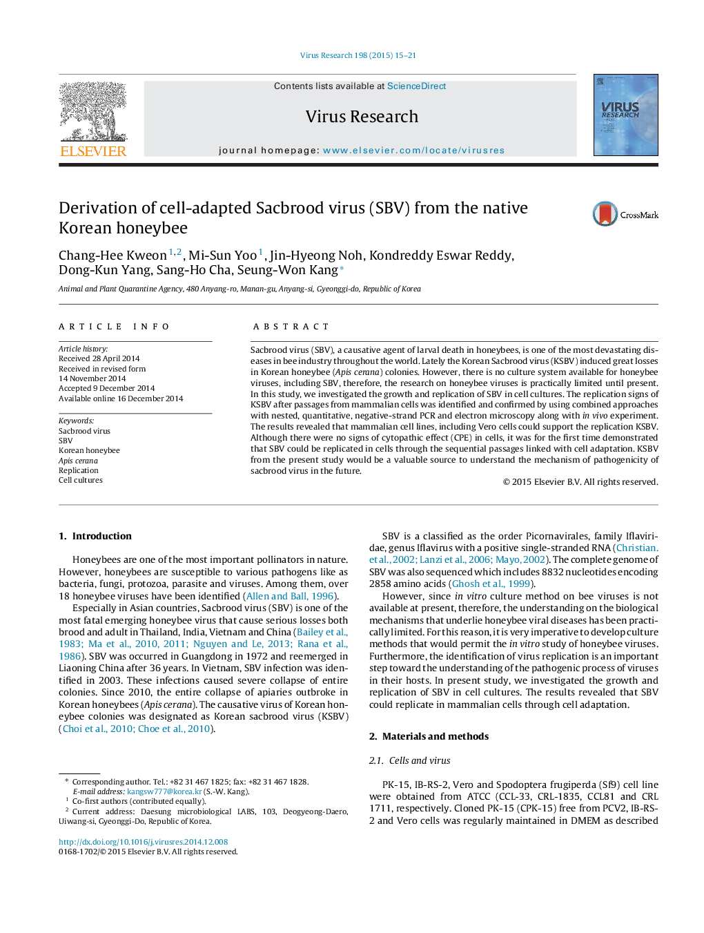 Derivation of cell-adapted Sacbrood virus (SBV) from the native Korean honeybee