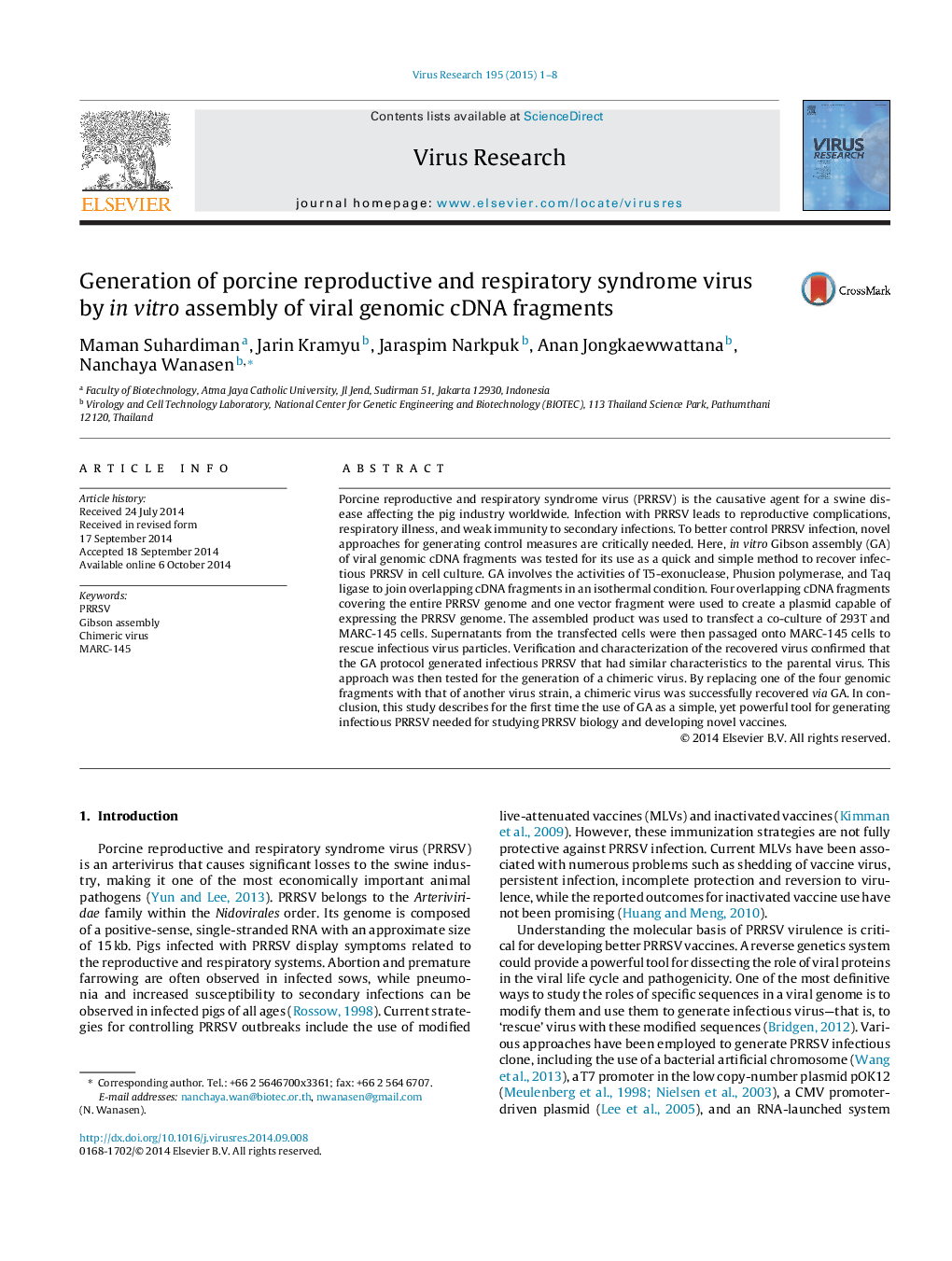 Generation of porcine reproductive and respiratory syndrome virus by in vitro assembly of viral genomic cDNA fragments