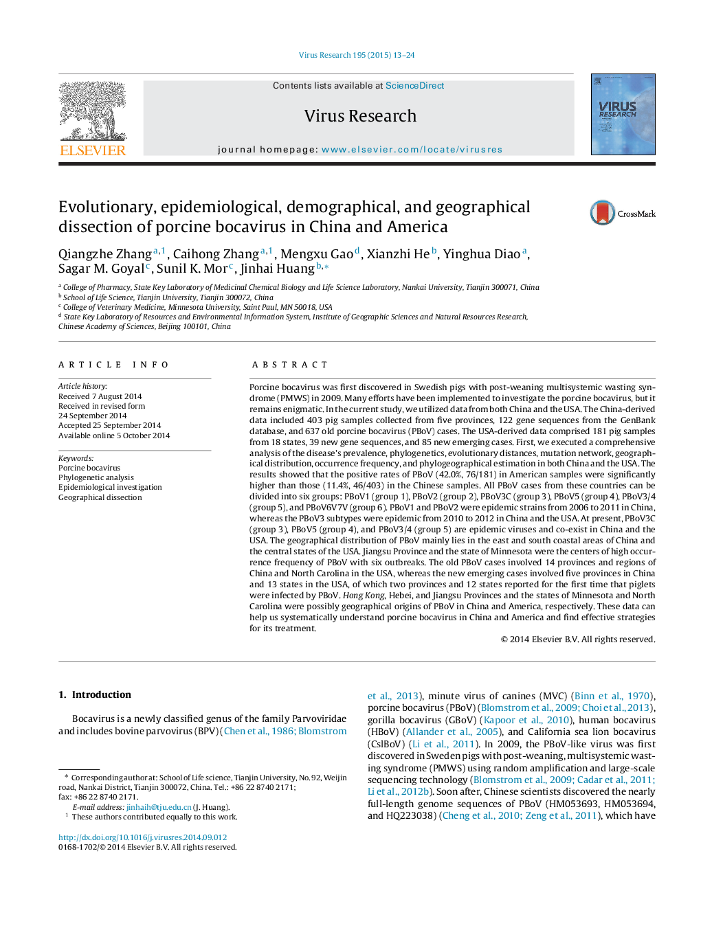 Evolutionary, epidemiological, demographical, and geographical dissection of porcine bocavirus in China and America