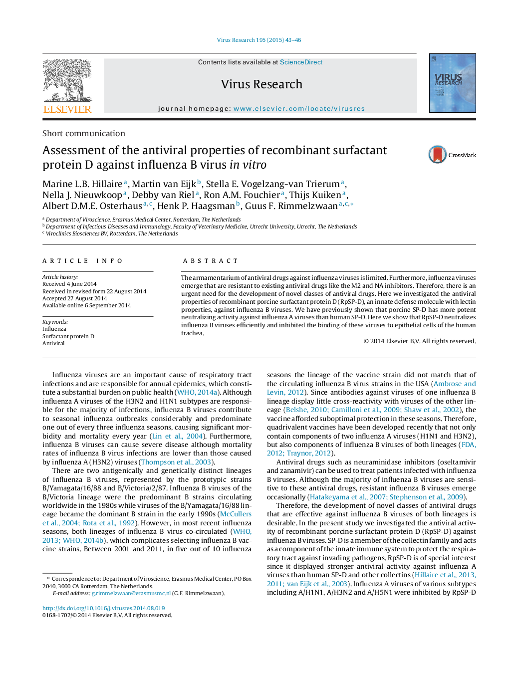 Assessment of the antiviral properties of recombinant surfactant protein D against influenza B virus in vitro