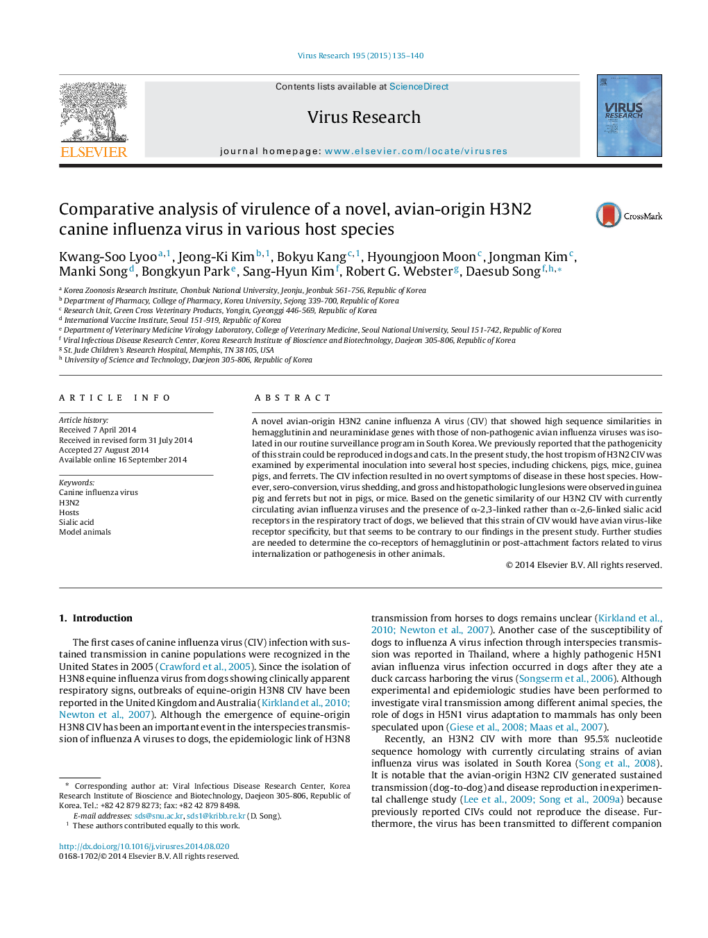 Comparative analysis of virulence of a novel, avian-origin H3N2 canine influenza virus in various host species