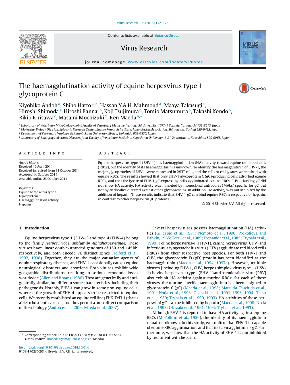 The haemagglutination activity of equine herpesvirus type 1 glycoprotein C