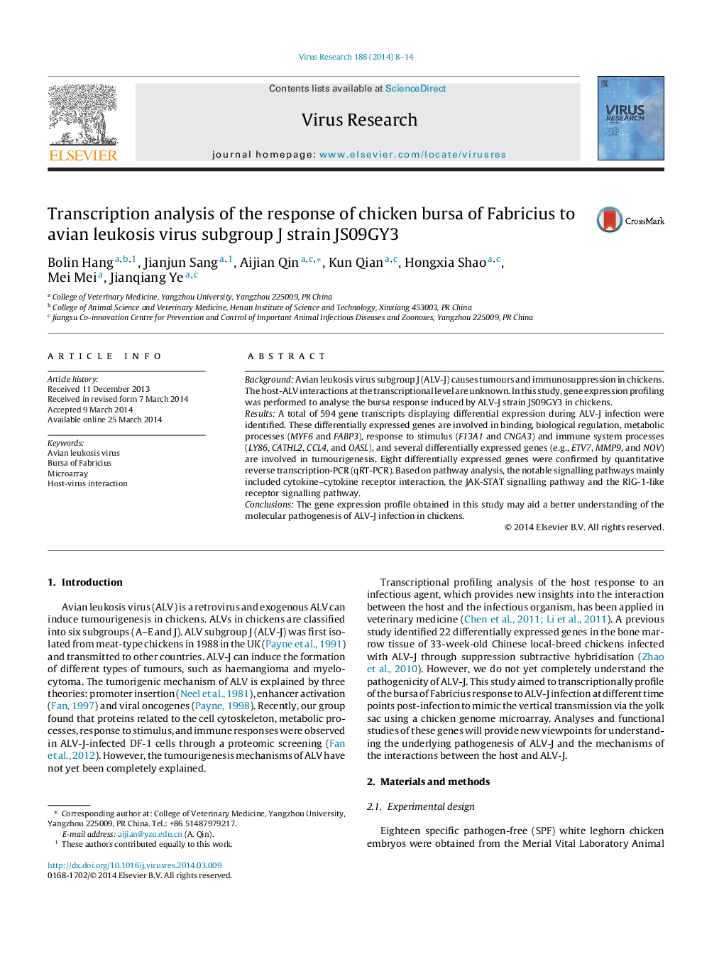 Transcription analysis of the response of chicken bursa of Fabricius to avian leukosis virus subgroup J strain JS09GY3