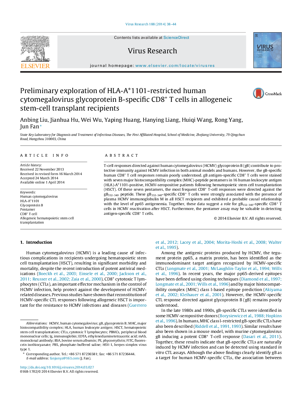 Preliminary exploration of HLA-A*1101-restricted human cytomegalovirus glycoprotein B-specific CD8+ T cells in allogeneic stem-cell transplant recipients