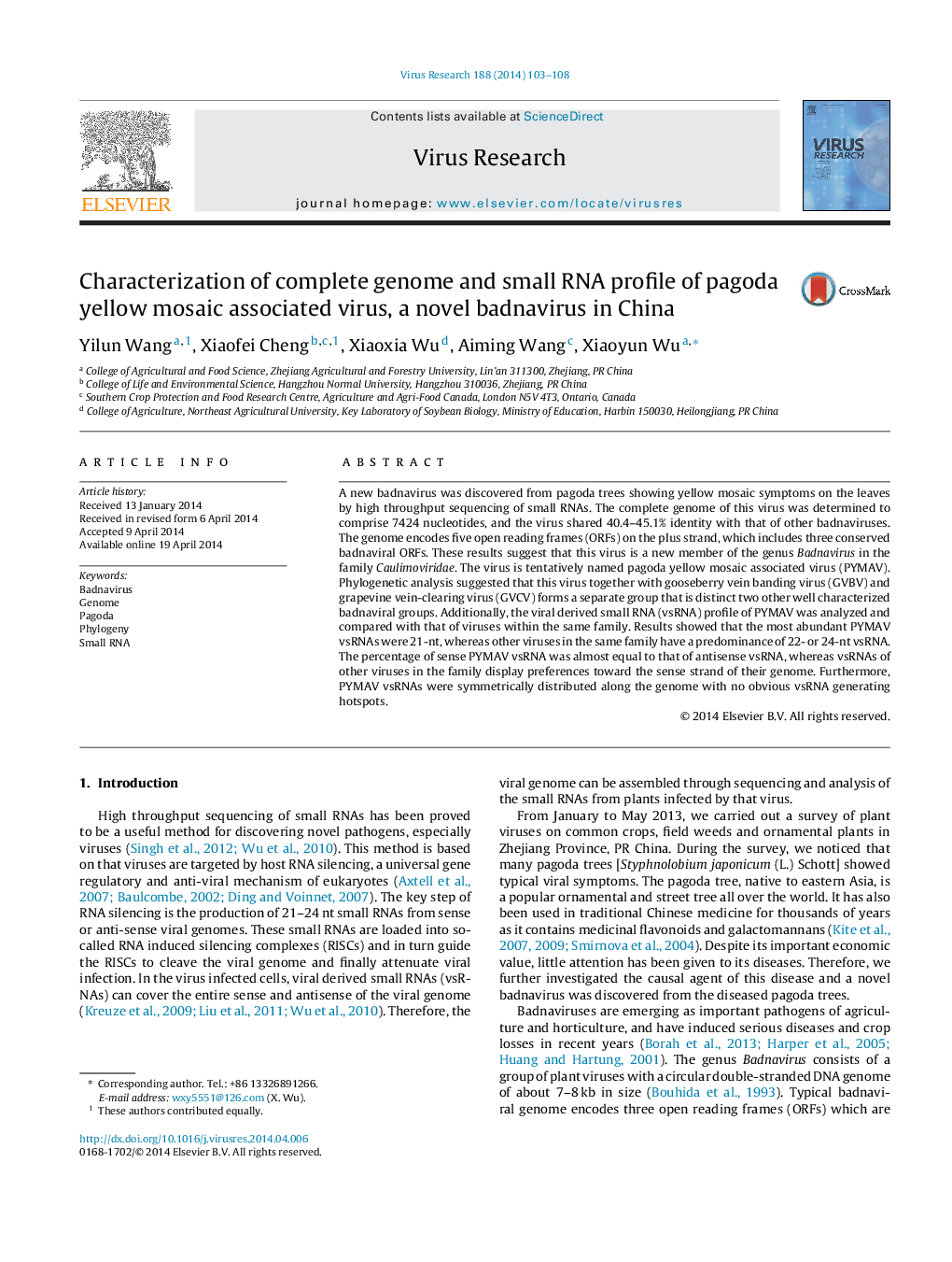 Characterization of complete genome and small RNA profile of pagoda yellow mosaic associated virus, a novel badnavirus in China