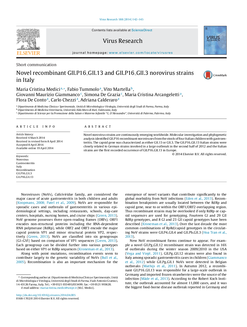 Novel recombinant GII.P16_GII.13 and GII.P16_GII.3 norovirus strains in Italy