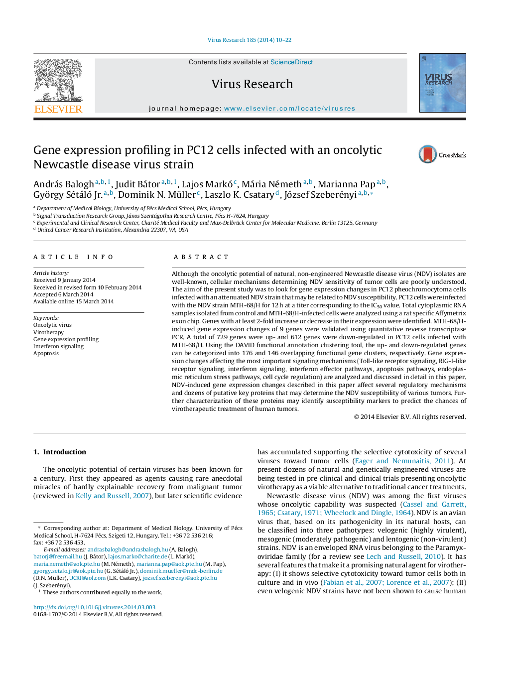 Gene expression profiling in PC12 cells infected with an oncolytic Newcastle disease virus strain