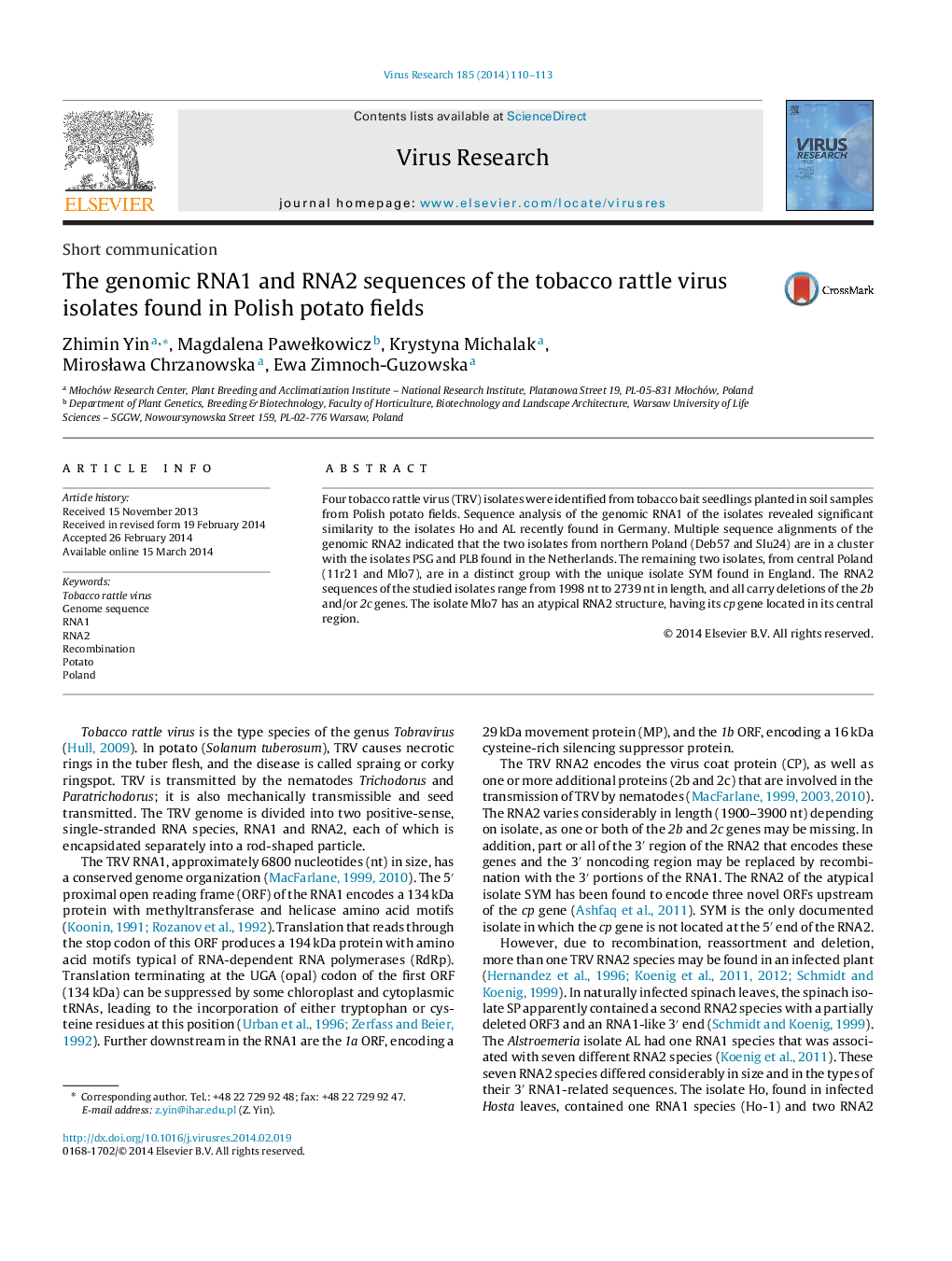 The genomic RNA1 and RNA2 sequences of the tobacco rattle virus isolates found in Polish potato fields