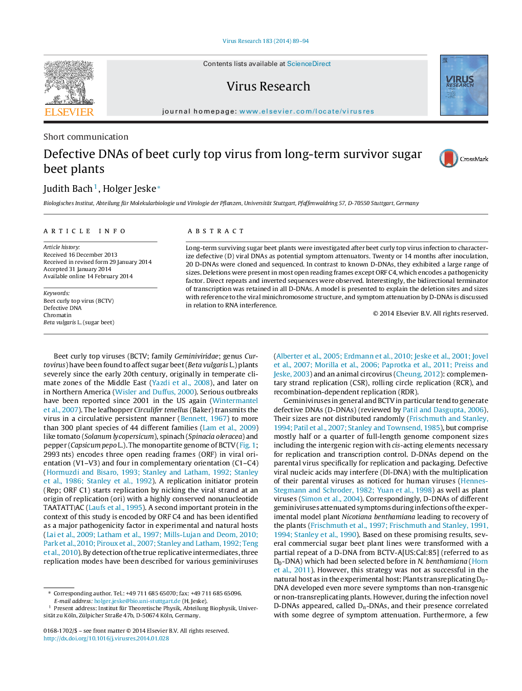 Defective DNAs of beet curly top virus from long-term survivor sugar beet plants