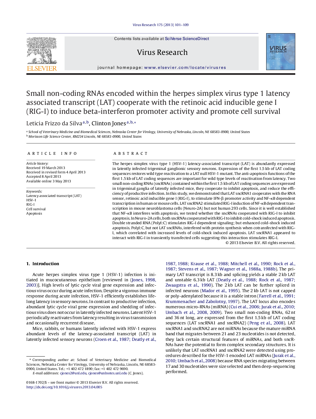 Small non-coding RNAs encoded within the herpes simplex virus type 1 latency associated transcript (LAT) cooperate with the retinoic acid inducible gene I (RIG-I) to induce beta-interferon promoter activity and promote cell survival