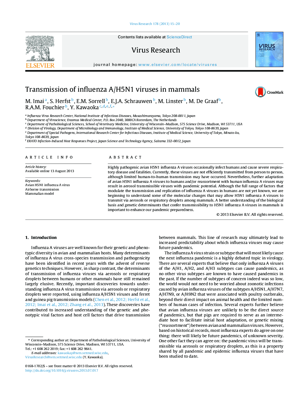 Transmission of influenza A/H5N1 viruses in mammals