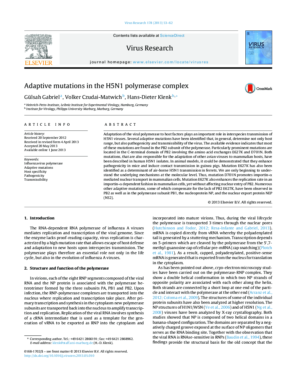 Adaptive mutations in the H5N1 polymerase complex