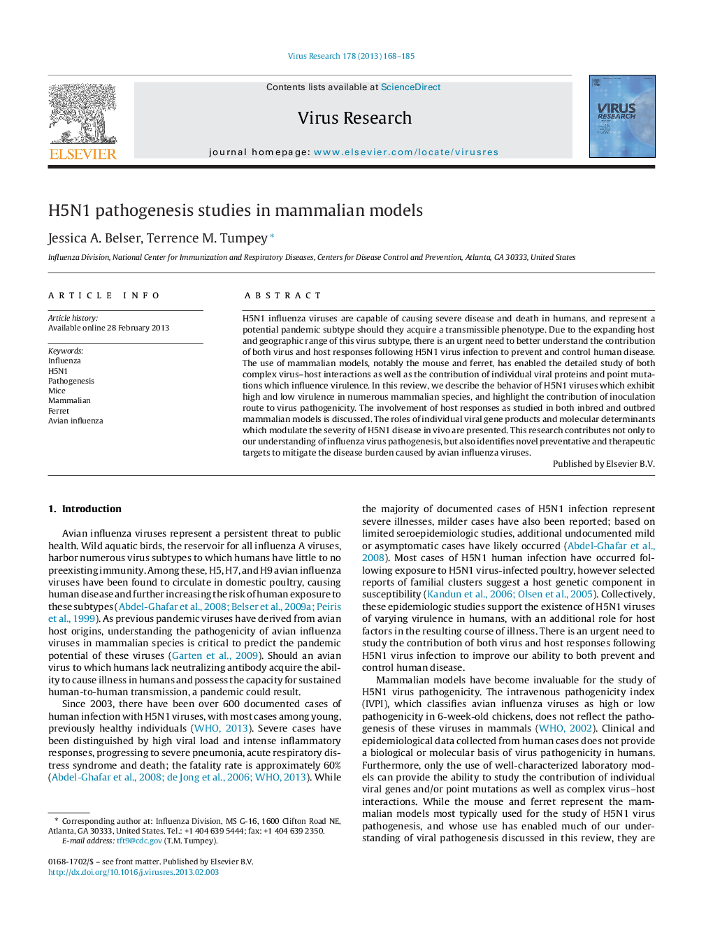 H5N1 pathogenesis studies in mammalian models