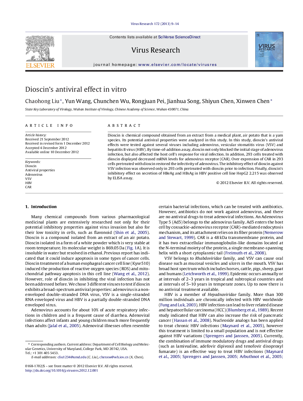 Dioscin's antiviral effect in vitro