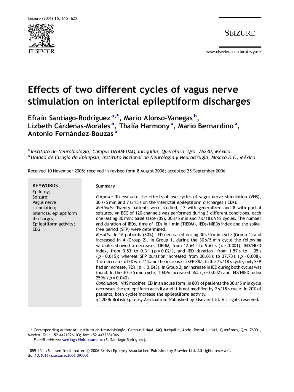 Effects of two different cycles of vagus nerve stimulation on interictal epileptiform discharges