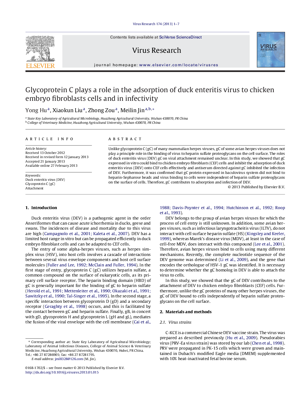 Glycoprotein C plays a role in the adsorption of duck enteritis virus to chicken embryo fibroblasts cells and in infectivity