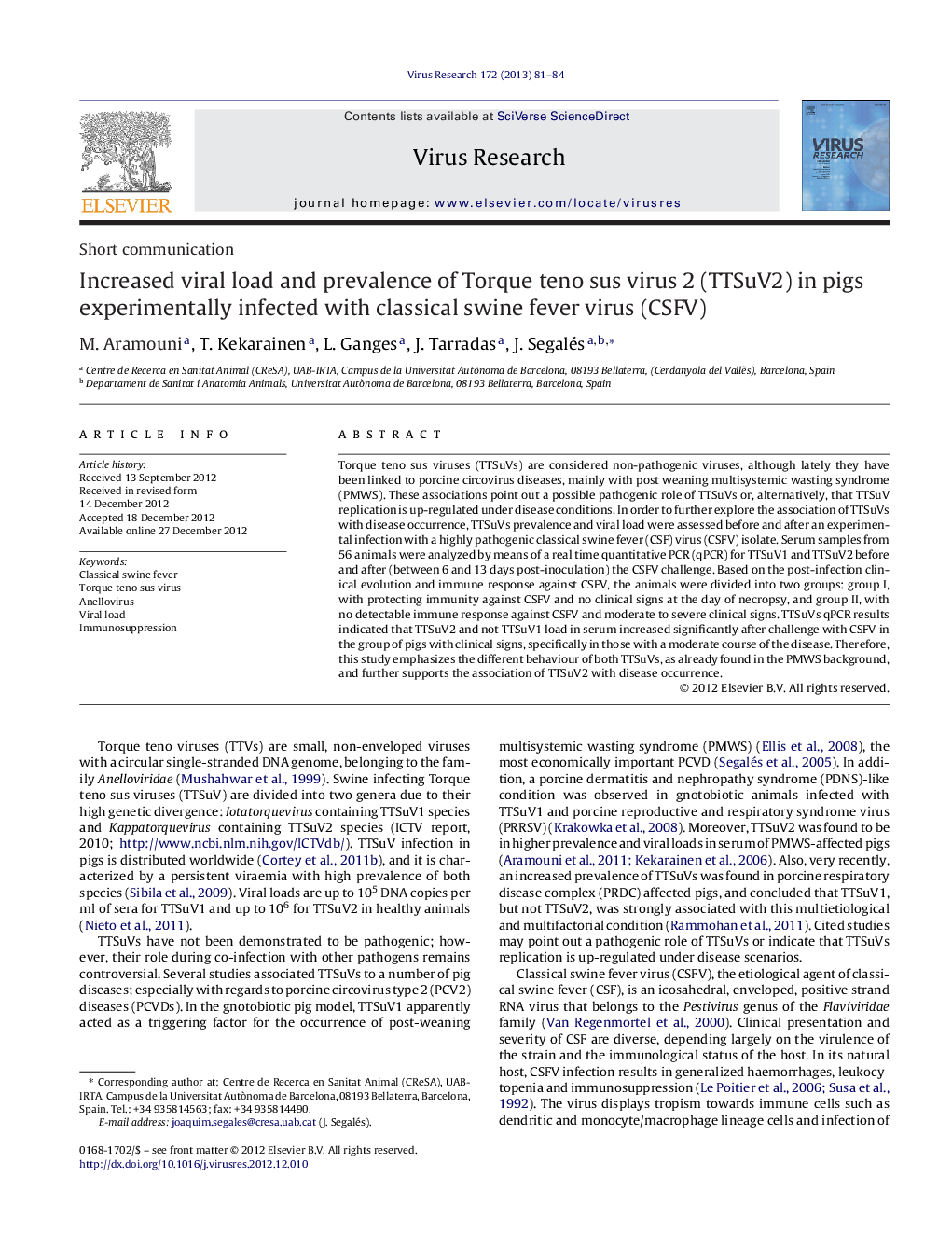 Increased viral load and prevalence of Torque teno sus virus 2 (TTSuV2) in pigs experimentally infected with classical swine fever virus (CSFV)